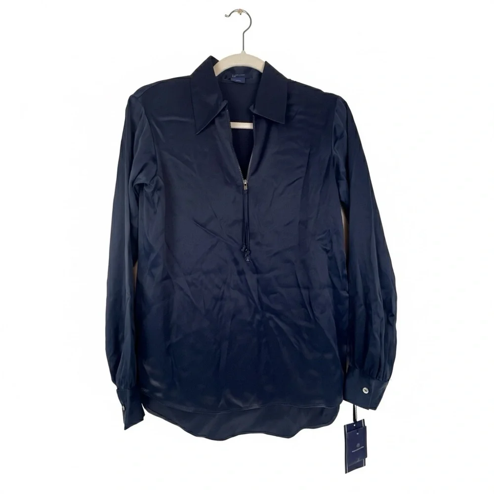 W by Worth Deep Navy Satin Half-Zip Blouse Size XS NWT - Picture 1 of 5